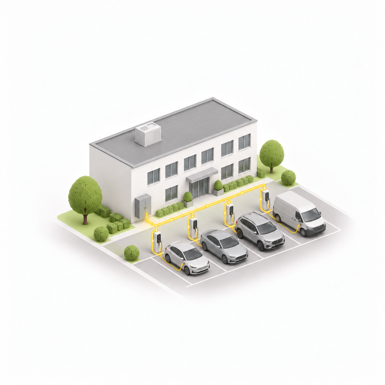 Büroparkplatz mit vier vernetzten Ladesäulen